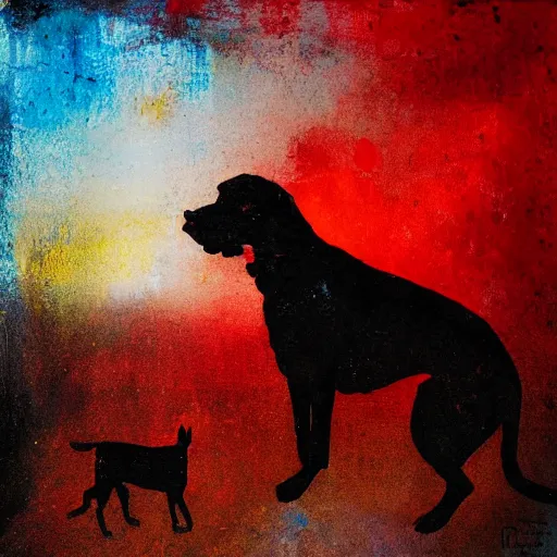 Prompt: A red dog sitting in the middle with red spots. in the art style of William Turner. Dramatic lighting, minimal painting, high resolution. Positive vibes