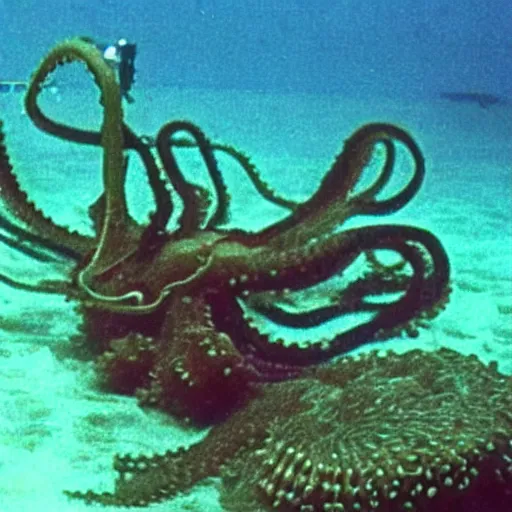 Prompt: 1 9 7 0 s vrc tape underwater rov footage, long tentacle octopus squid tentacles