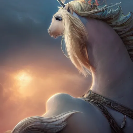 Image similar to A digital intricate illustration concept art of closeup portrait of a very beautiful goddess riding a unicorn by Renato muccillo and Andreas Rocha and Johanna Rupprecht + sharp focus + beautiful eyes + dofus colors, wakfu colors + symmetry + natural volumetric lighting, realistic 4k octane beautifully detailed render, 4k post-processing, intricate complexity, epic composition, magical atmosphere, highly detailed, cinematic lighting + masterpiece, trending on artstation + symmetry