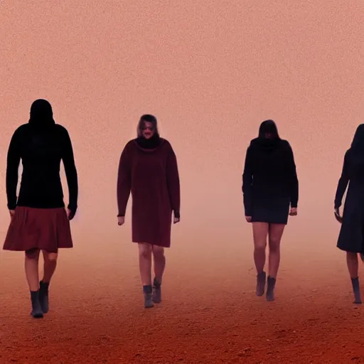 Prompt: 4 friends walking front view on foggy Mars red soil foggy image all wearing stylish futuristic clothing picture taken with 35 mm camera, intricate, 4k, hd, super detailed, realistic, award-winning picture