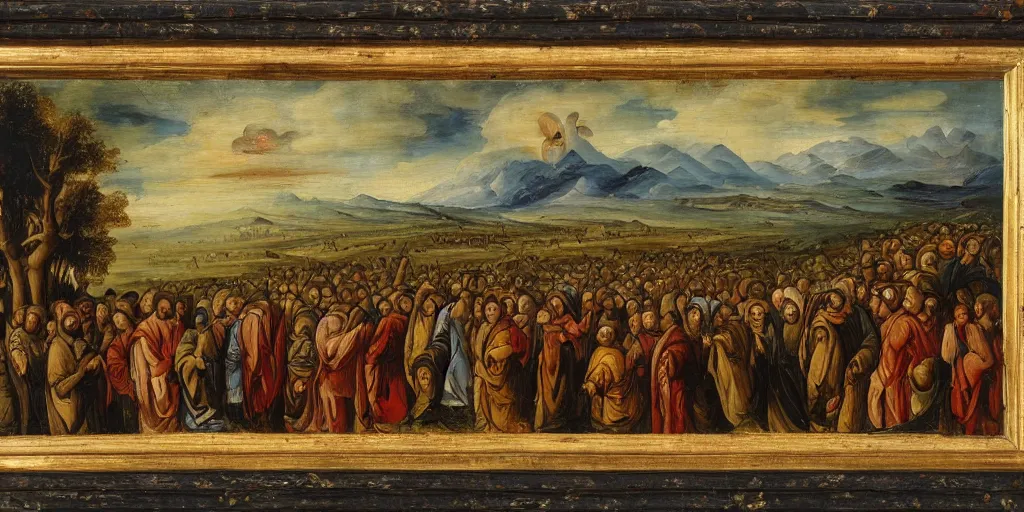 Image similar to A group of Ophanim with thousands of eyes covering their wheels hovers over a group of shepherds in a field, Theophanes, oil painting