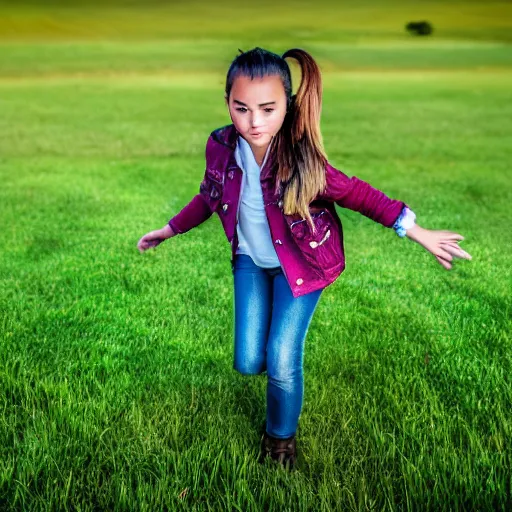 Image similar to a young girl plays on a great green meadow, she wears a jacket, jeans and boots, she has ponytails, photo taken by a nikon, highly detailed, sharp focus