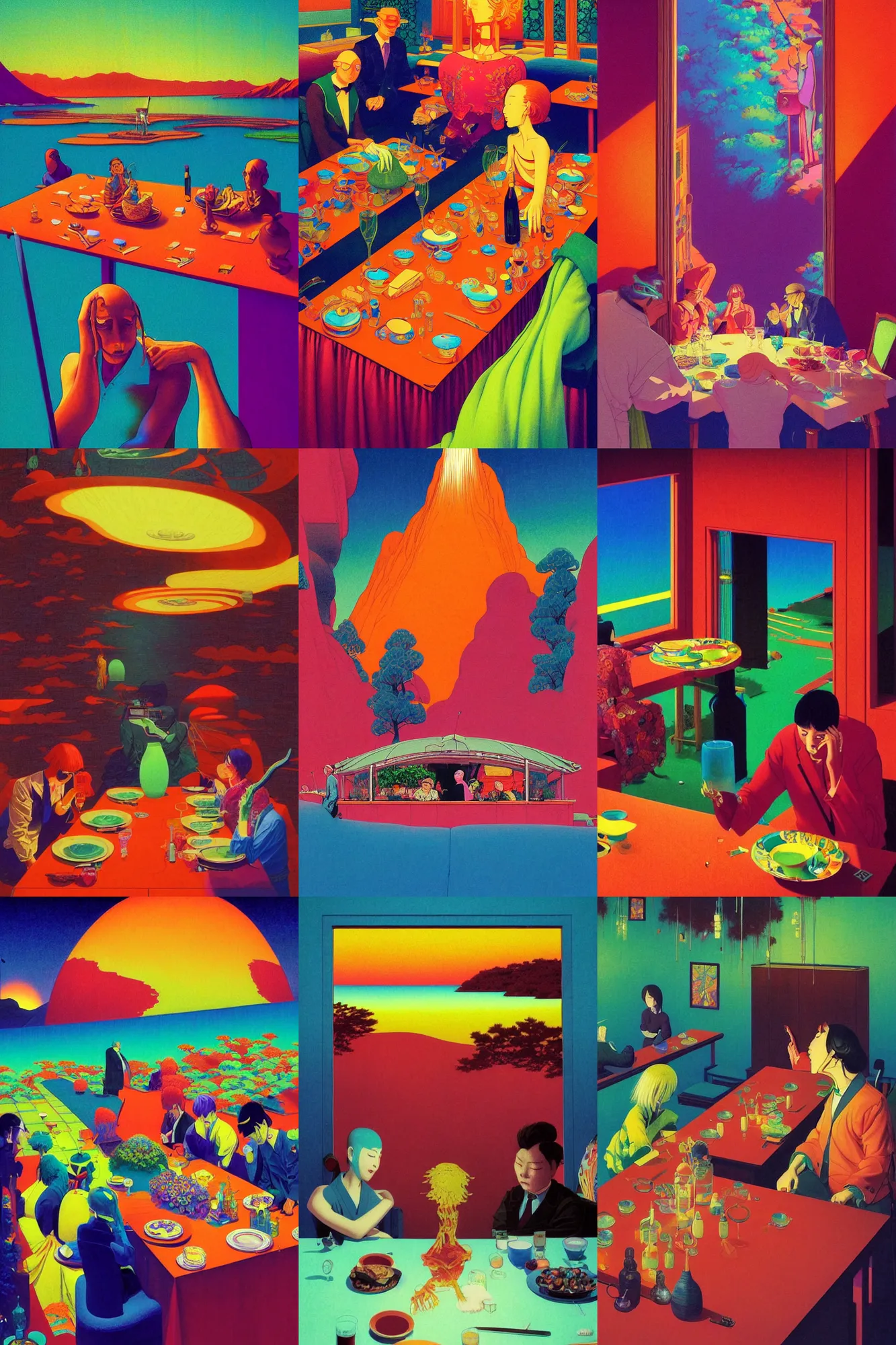 Prompt: a colorful vibrant closeup portrait of a fancy dinner, lsd acid and dreaming psychedelic hallucinations, by kawase hasui, moebius, edward hopper and james gilleard, zdzislaw beksinski, steven outram colorful flat surreal design, hd, 8 k, artstation