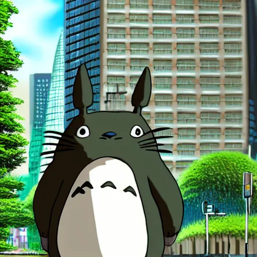 Image similar to totoro doing bussiness, tuxedo, in the big city, skyscrappers, fantasy digital art, wow, stunning, ghibli style, hight quality