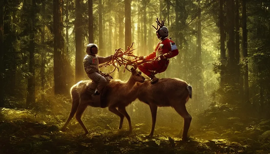 Image similar to american astronaut in the forest riding a reindeer, objects well lit, plants environment, wide angle, cinematic lighting, atmospheric, realistic, octane render, highly detailed, color graded, in the style of craig mullins