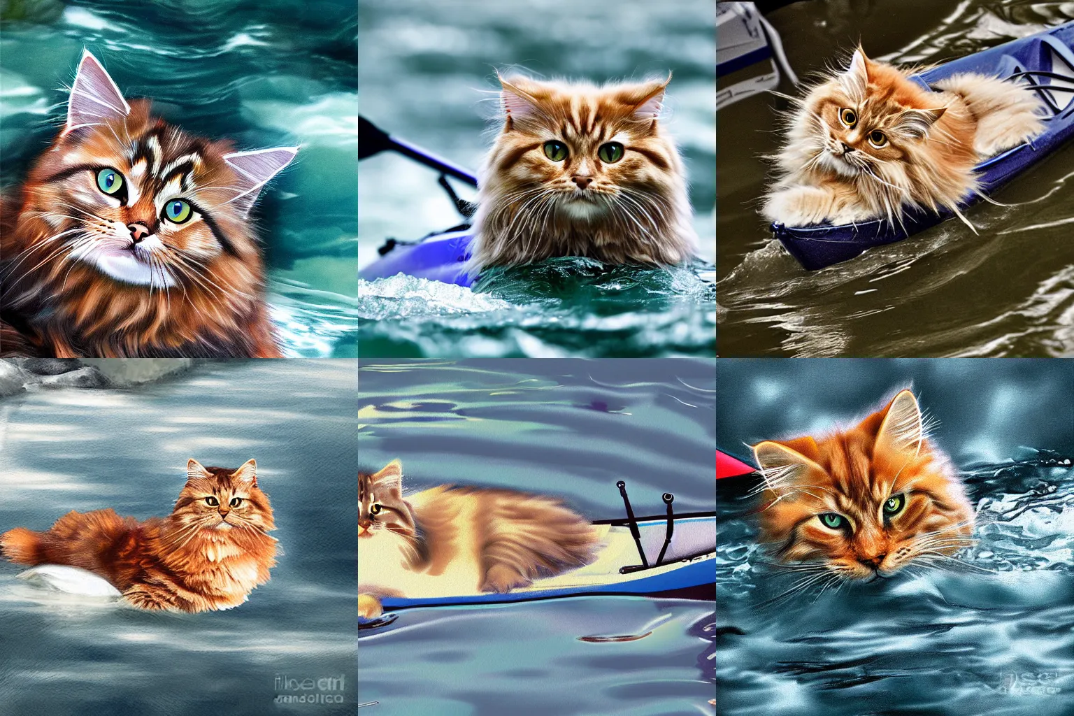 Image similar to Detailed Siberian cat kayaking in river, digital art