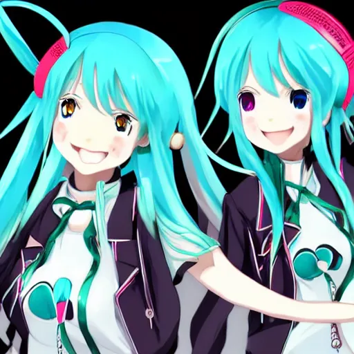 Prompt: hatsune miku and gumi hanging out having fun, best friends, detailed, anime