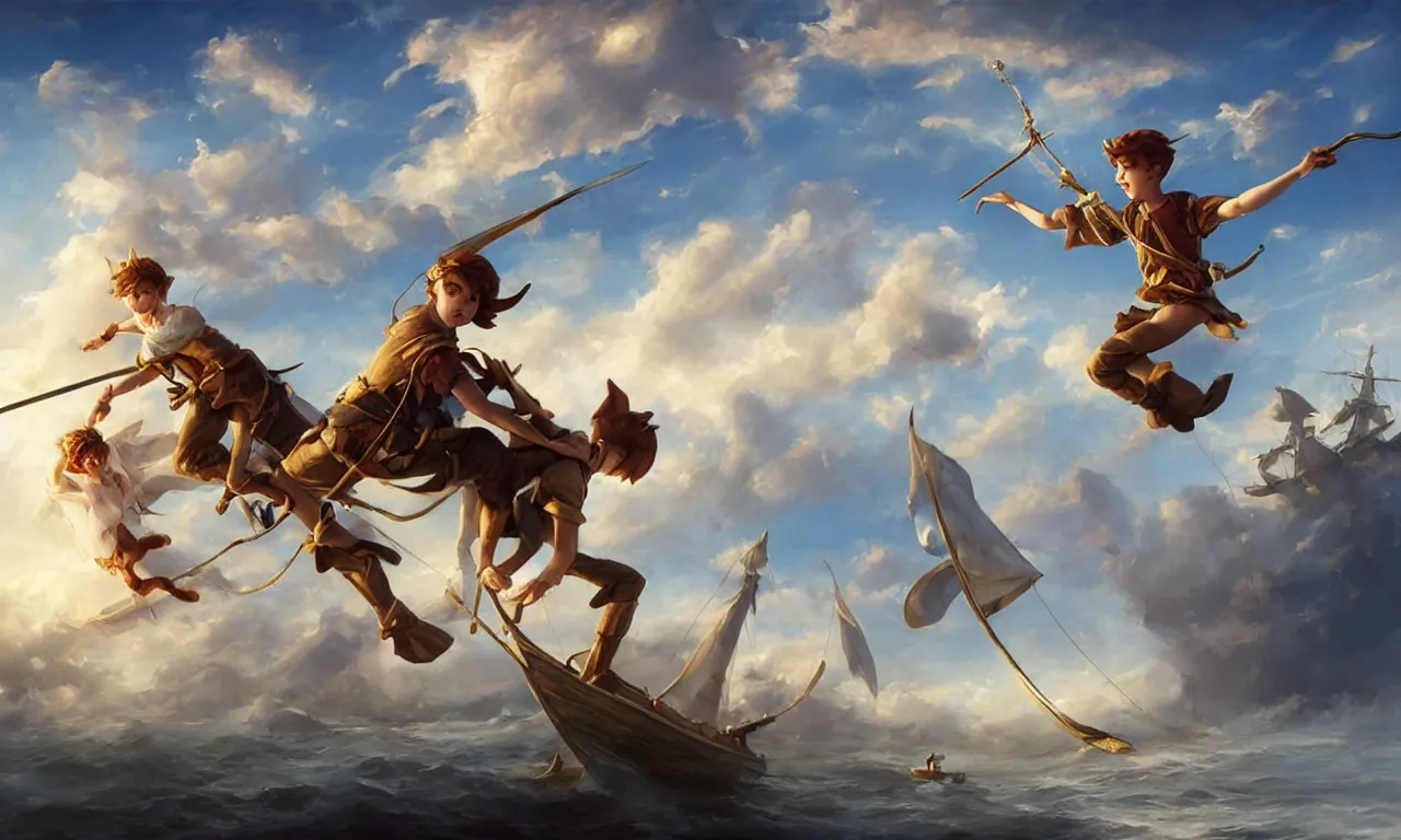 Image similar to a beautiful digital painting of peter pan sword fighting with hook, disney, a white caravel flying in the clouds, birds in the sunlight, numerous golden ropes and sails, blue sky at sunset, elegant, highly detailed, artstation, concept art, matte, sharp focus, art by tom bagshaw, kelogsloops and greg rutkowski