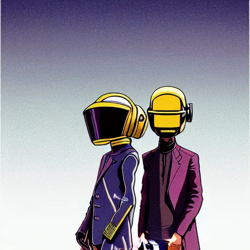 Prompt: a study of cell shaded cartoon of daft punk in the style of howl's moving castle ( 2 0 0 4 ) on a desert road, full body, wide shot, post grunge, studio ghibli, laurie greasley, highly detailed, deviantart, art by artgem