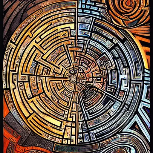 Image similar to maze labyrinth steampunk by albert gleizes and by hilma klint, hd, artstation, fluid colors