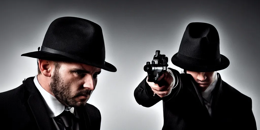 Image similar to serious looking man in a black suit and black fedora hat. he has a big silver gun, 4 k, atmospheric, epic scene, strong shadows, high contrast