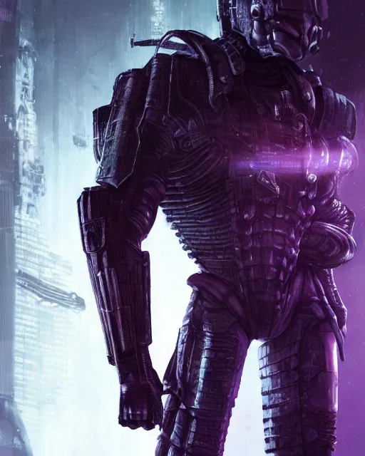 Prompt: Sci-Fi Crocodile alien, armored, art by Kashin, Wadim, Martinière, Stephan, holding rifle, sharp focus, pitch black Spaceship hallway background, dark light, soft purple glow, heroic pose, sci-fi horror artwork, octane render, dead space artwork, cyberpunk, warm light, occult, magical, volumetric lighting, 8k high definition, highly detailed, trending on art Station, centered, by Greg Rutkovski, sci-fi artwork, arnold render