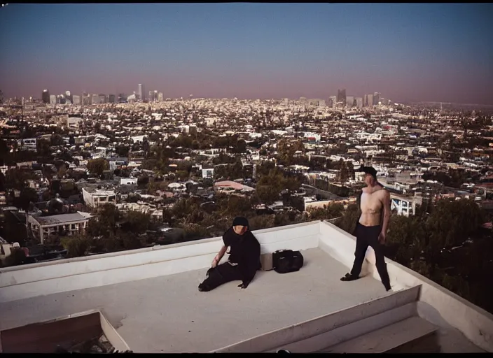 Image similar to film photograph, leica s, kodachrome, rooftop, los angeles, echo park, lake, landscape, blood moon, dusk, man smoking cigarette