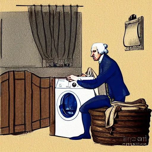 Image similar to george washington washing his clothes next door washing machine digital painting art