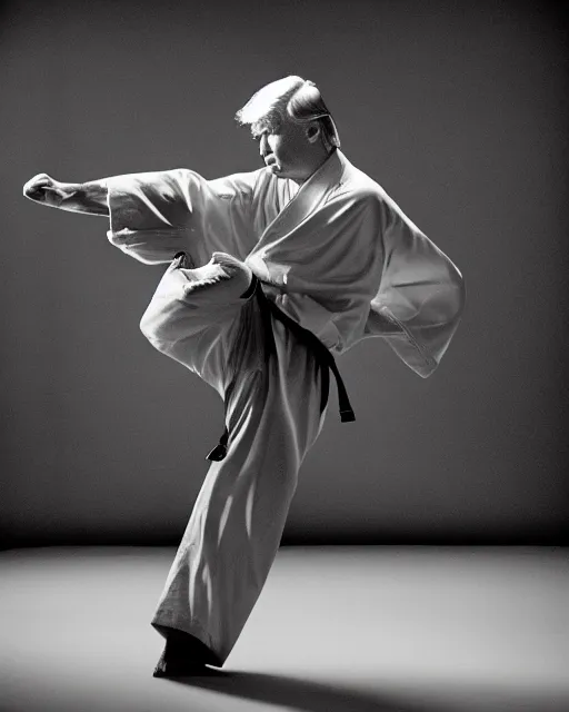 Image similar to Donald Trump practicing karate at the Shaolin temple, photorealistic, studio lighting, photographed in the style of Annie Leibovitz