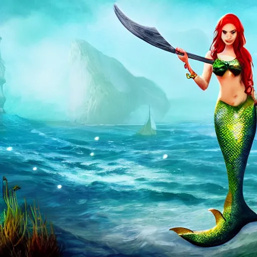 Prompt: fantasy mermaid warrior holding a sharp trident, sea background with sea weeds and small sea creatures, fantasy game art