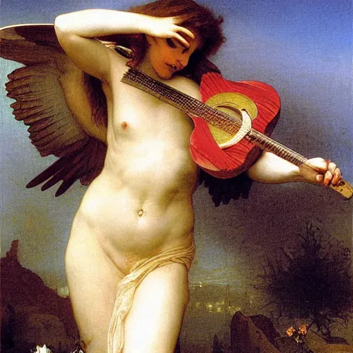 Image similar to an oil painting of a flying angel playing an electric guitar, by Bouguereau, highly detailed and intricate,