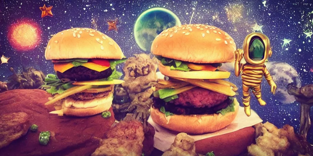 Image similar to a dream of time gone by, where I was eating burgers and not so hungry, realistic, out of this world, alien, sleepy, on a mini world, the little prince from outer space, colorful, gangly, dream, vial of stars, metallic, satisfying render, tiny people devouring food, the happiest moment, joy