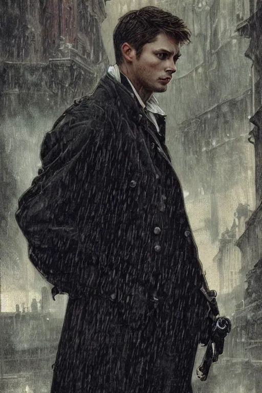 Image similar to a detailed matte portrait of dean winchester in a supernatural sherlock holmes story, 1 8 th century london in the rain, city streets, ominous, masterpiece, 8 k, art by alphonse mucha and greg rutkowski