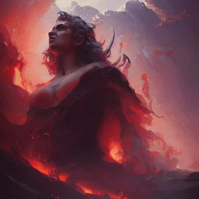 Image similar to a painting of the goddess of magma by greg rutkowski, dark fantasy art, high detail, trending on artstation