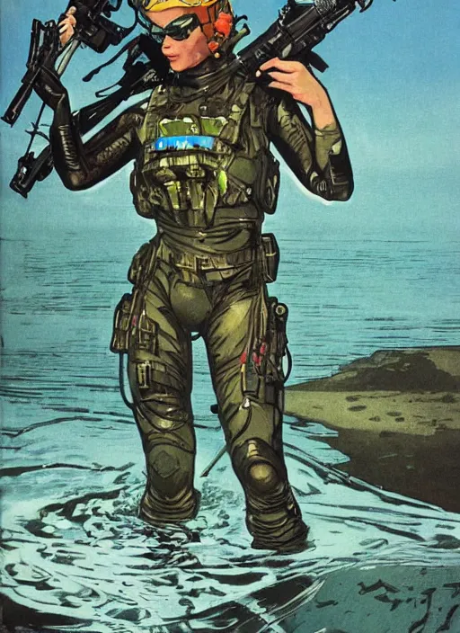 Prompt: Dinah. USN blackops operator emerging from water at the shoreline. Operator wearing Futuristic wetsuit and looking at an abandoned shipyard. Frogtrooper. rb6s, MGS, and splinter cell Concept art by James Gurney, Alphonso Mucha. Vivid color scheme.