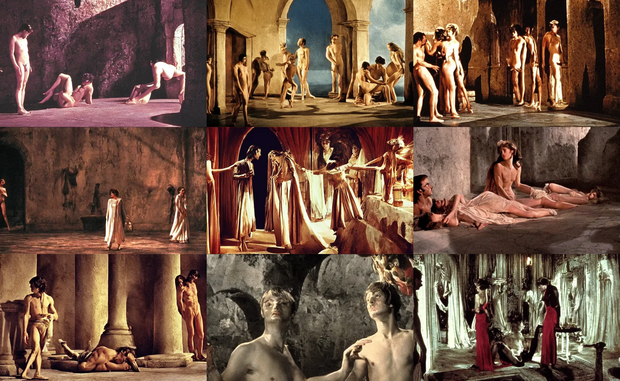 Prompt: still from l'estate, a movie by luchino visconti ( 1 9 7 4 ) inspired by engravings of novel of marquis de sade set in capri. technicolor!!!, dramatic light, vibrant colors, cinematic composition, flamboyant