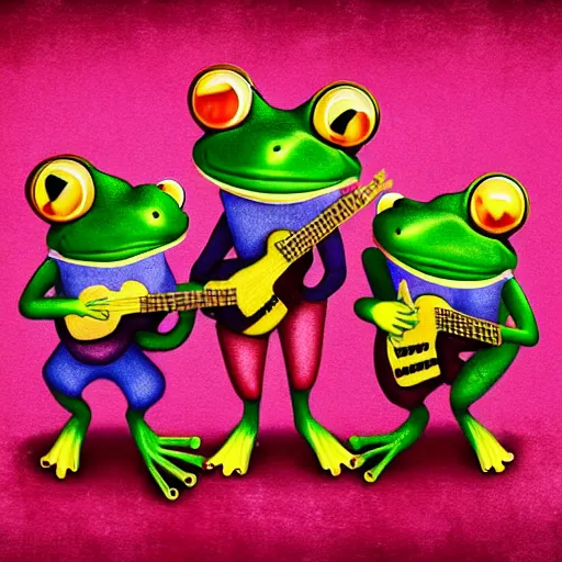 Image similar to 3 frogs playing instruments in a band, high-definition photograph