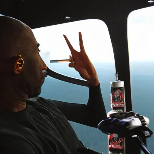 Image similar to Side shot of kobe bryant sitting in a helicopter and smoking a joint, 8k resolution, amazing detail, shot in the air