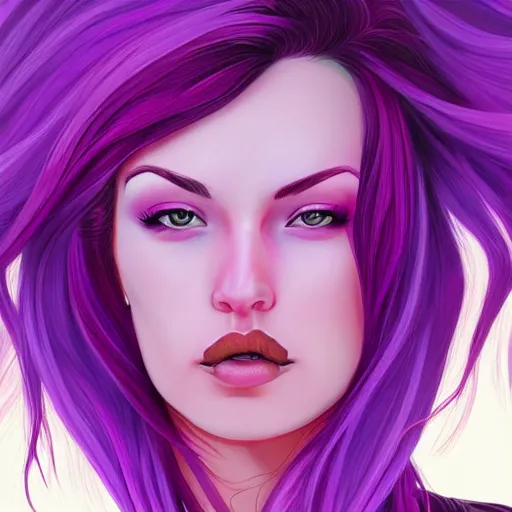 Image similar to a stunning upper body portrait of a beautiful woman with ombre purple and pink hair blowing in the wind by marvel comics, digital art, trending on artstation