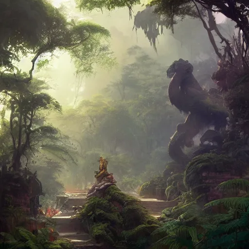 Prompt: concept art of a jungle path with a huge overgrown stone statues, religious, in the style of fenghua zhong and ruan jia and jeremy lipking and peter mohrbacher, mystical colors, rim light, beautiful lighting, 8 k, stunning scene, raytracing, octane, trending on artstation