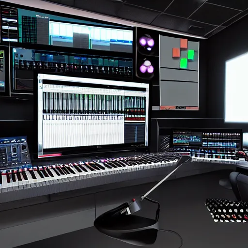 Prompt: Virtual Reality music studio Ableton Live theme concept, raytracing, highly detailed, futuristic, unreal engine 5, photoscan