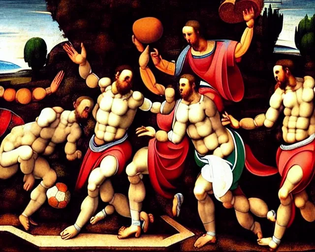 Image similar to “people in ancient greek clothes playing football, landscape zoomed out, renaissance painting by Michelangelo, 8k, hyperdetailed, ultra detail, UHD, high quality”