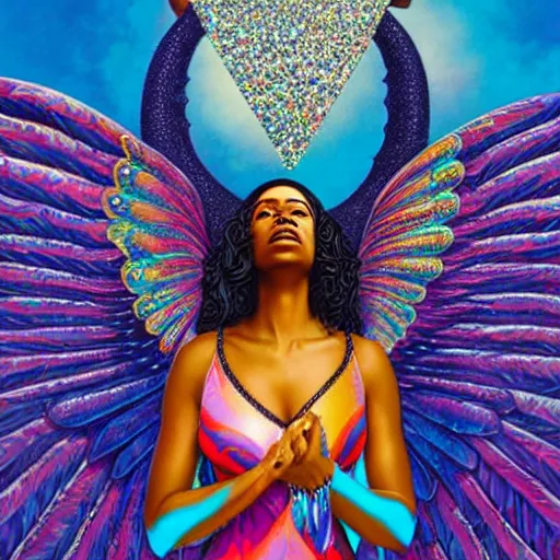 Prompt: isis depicted as a black woman with large iridescent wings in front of a crystal pyramid by Aliza Razell, lisa frank, and thomas blackshear, oil on canva