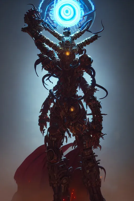 Image similar to diablo action game robot shaman by artgerm, greg rutkowski, alphonse mucha, cgsociety and beeple highly detailed, cinematic lighting, illustration, art, octane render, unreal engine lumen, very coherent. cinematic, hyper realism, high detail, octane render, 8 k