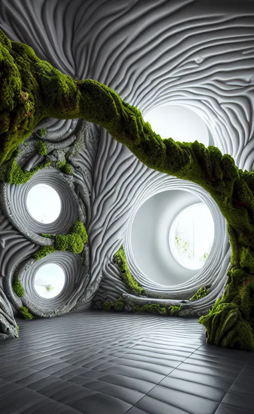 Image similar to highly detailed ultra sharp 3 d render villa interior cinematic composition of a smooth ceramic porcelain biomorphic magnolia stone nebula fluid fractal sci - fi surreal architecture landscape, granite, metallic, magnesium, marble, moss and lichen, vincent callebaut composition, mamou - mani, archviz, beautiful lighting, 8 k, unreal engine, hdr,