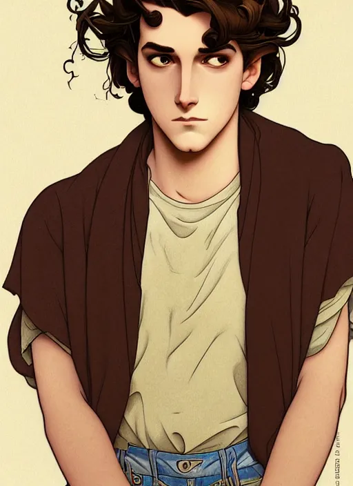 Image similar to art nouveau portrait of a handsome young man with curly medium length light brown hair, brown eyes, serious facial expression, gloomy mood, annoyed, t - shirt, natural lighting, path traced, highly detailed, high quality, cartoon, digital painting, by don bluth and ross tran and studio ghibli and alphonse mucha