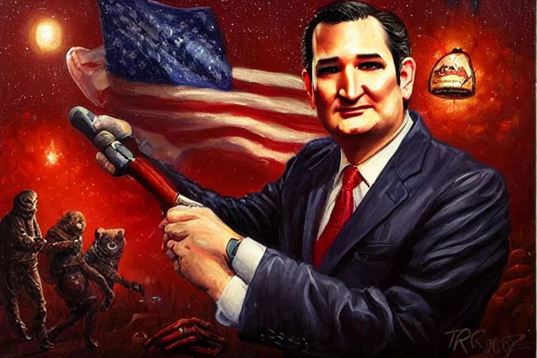 Prompt: portrait of ted cruz as the zodiac killer at night texas, an oil painting by ross tran and thomas kincade
