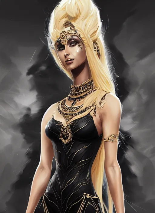 Image similar to a highly detailed illustration of fierce blonde tanned skin goddess ereshkigal wearing black dress, dramatic powerful pose, perfect face, perfect body, intricate, elegant, highly detailed, centered, digital painting, artstation, concept art, smooth, sharp focus, league of legends concept art, wlop