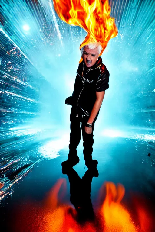 Image similar to scooter rapper baxxter with white hair standing in water shouting in the microphone with explosion and flames in background, full body, white shirt, black pants, reflection in water, volumetric lighting, detailed eyes, dynamic pose, golden ratio