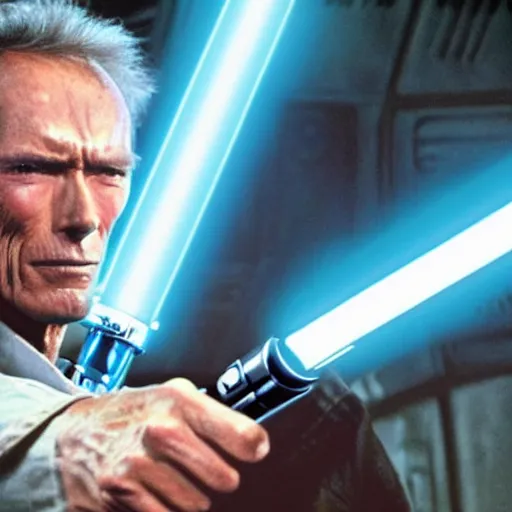 Image similar to clint eastwood holding blue lightsaber in star wars episode 3, 8k resolution, full HD, cinematic lighting, award winning, anatomically correct