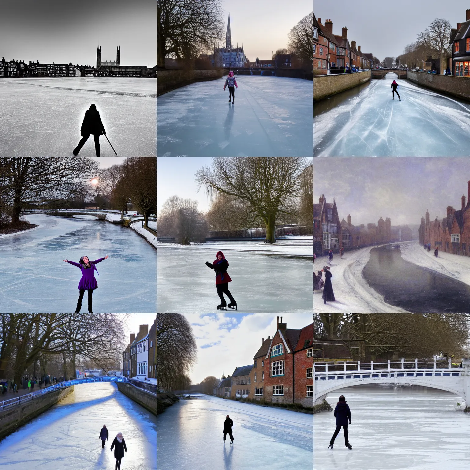 Prompt: an ice skater on a frozen river stour, looking up at canterbury high a street