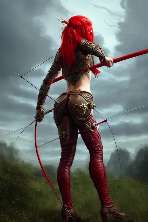 Prompt: Female archer, dnd, d&d, leggins, red skintight leather armor, red hair, looking from behind, visible face!, beautiful face, toned derriere, high fantasy, realistic!, matte painting, by wlop, by tomasz alen kopera