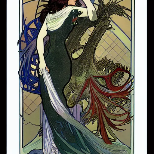 Image similar to art nouveau godzilla by alphonse mucha