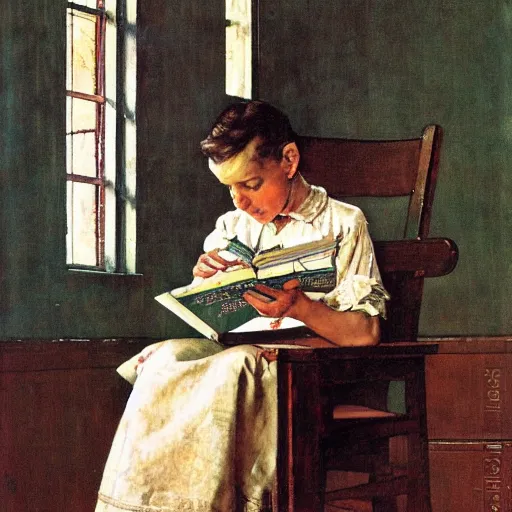 Prompt: norman rockwell painting of a person reading a book
