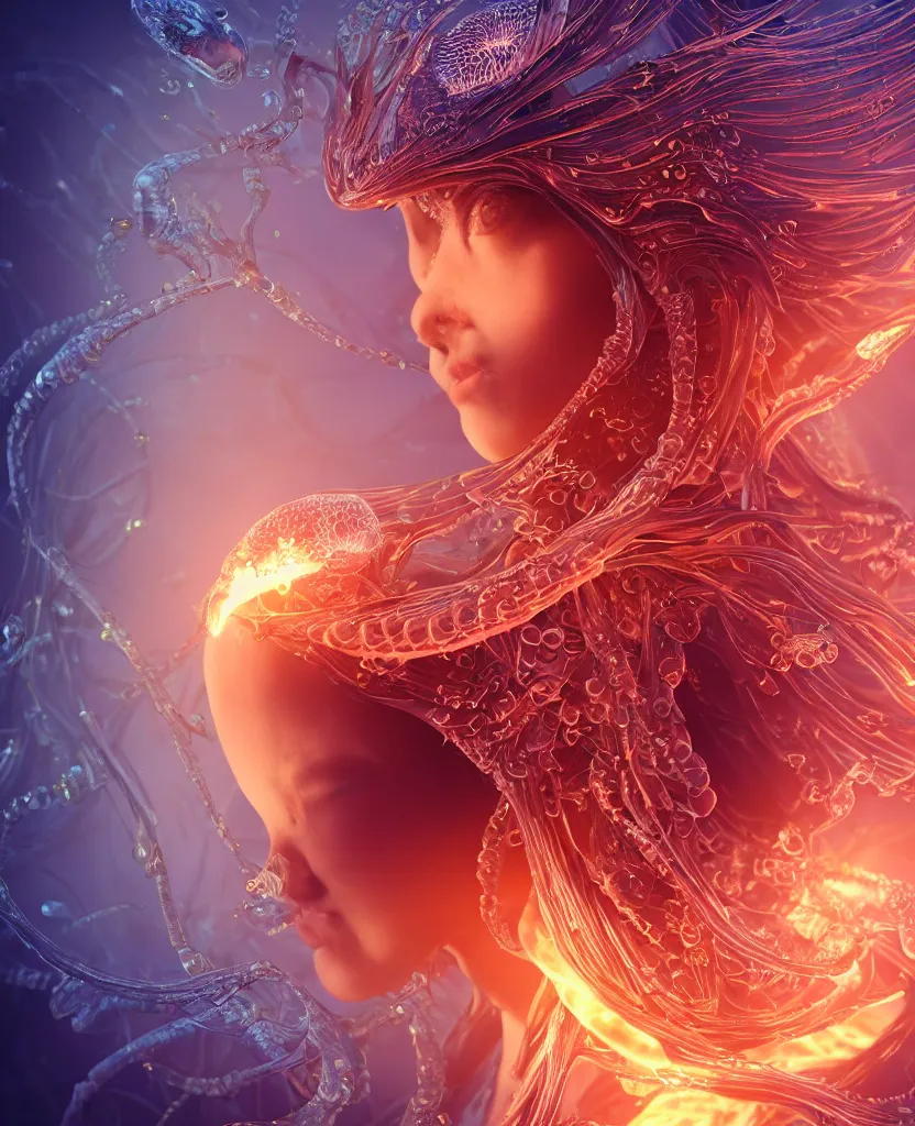 Image similar to close-up macro portrait of the face of a beautiful princess, epic angle and pose, symmetrical artwork, 3d with depth of field, blurred background, cybernetic jellyfish female face skull phoenix bird, translucent, nautilus, energy flows of water and fire. a highly detailed epic cinematic concept art CG render. made in Maya, Blender and Photoshop, octane render, excellent composition, cinematic dystopian brutalist atmosphere, dynamic dramatic cinematic lighting, aesthetic, very inspirational, arthouse. y Greg Rutkowski, Ilya Kuvshinov, WLOP, Stanley Artgerm Lau, Ruan Jia and Fenghua Zhong