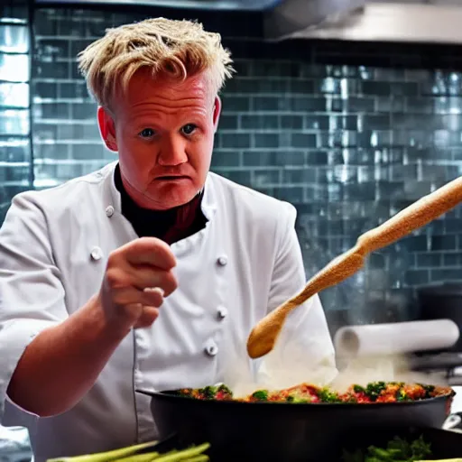 Image similar to hyper real Gordon Ramsey cooking a unicorn in kitchen 4k