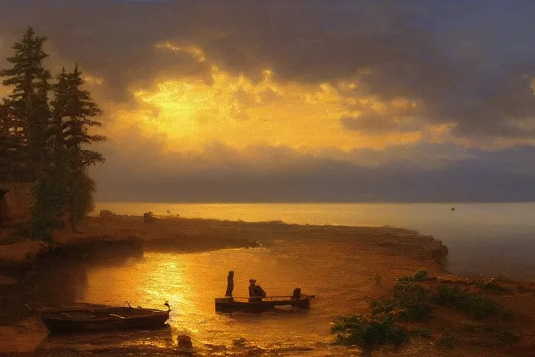 Image similar to sunset over a wooden cabin on the coast in the distance, sea, oil painting, very detailed, colorful, cinematic lighting, albert bierstadt, trending on artstation