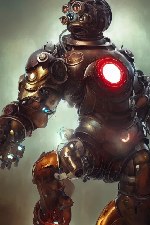 Image similar to Morbidly Obese Iron Man as a Big Daddy from Bioshock, intricate, elegant, highly detailed, digital painting, artstation, concept art, smooth, sharp focus, illustration, art by WlOP