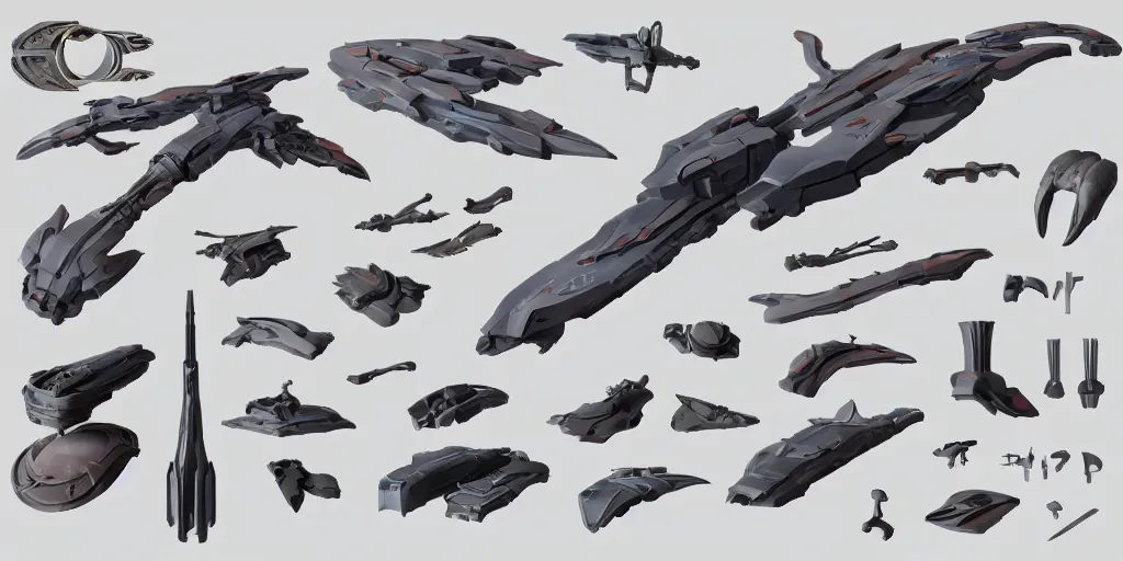 Image similar to collection of futuristic sci - fi props and gadget moebius items hard surface kitbash parts shape and form in watercolor gou