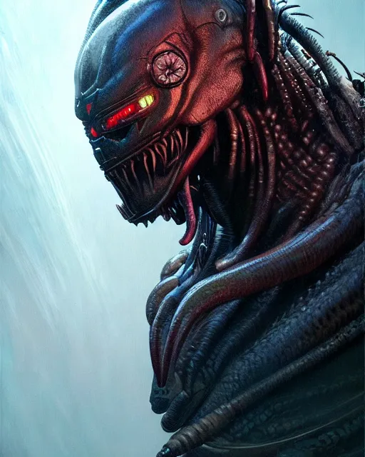 Image similar to a portrait of the predator fantasy character portrait, ultra realistic, cinematic, concept art, wide angle, intricate details, hologram, highly detailed by greg rutkowski, wayne barlowe,